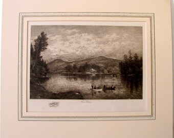 Pesca de lubina, grabado antiguo, tapete francés sin ácido, reverso AF, listo para enmarcar, excelente estado, firma del pez
