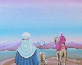 Camels, Desert, Crescent Moon, Evening Sky, People Traveling Toward City, Vintage, c.1980, Signed, Painting, Superb Condition & Color, OOAK