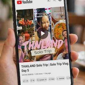 Thailand Solo Trip YouTube Thumbnail Template | Pink Travel Vlog Collage (Digital Download)