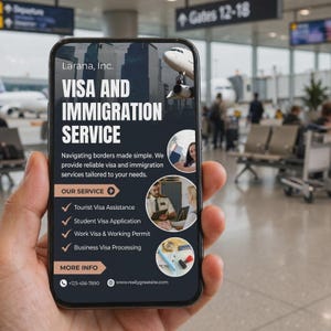 Folleto de servicios de visado, plantilla de visado de trabajo para estudiantes turistas, consultor de inmigración, publicación editable para Instagram.