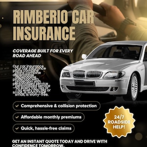 May include: A promotional flyer for Rimberio Car Insurance featuring a silver sedan and a driver at the wheel. Text includes Coverage Built For Every Road Ahead, 24/7 Roadside Help, and contact details including 123-456-7890 and www.reallygreatsite.com.