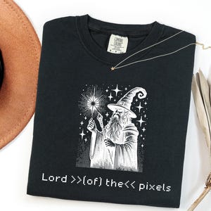 Lord of the Pixels Wizard Graphic Tee, Funny Programmer Gift, Retro Gaming Fantasy Shirt, Tech Enthusiast Coder Birthday