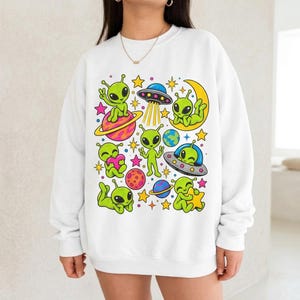 90s Cute Alien Sweatshirt | Neon UFOs, Planets, Stars, Retro Aliens Crewneck, Vintage Scifi, Aliens UFO, Whimsical, Cottagecore Cute Gift