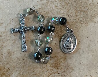 St. Frances Mother Cabrini Hematite Stone and Crystal Rosary Tenner