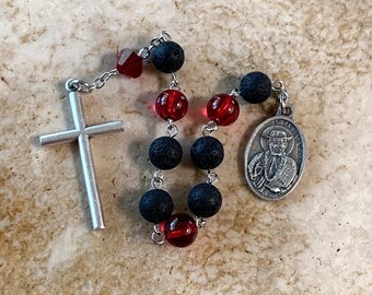 St. Damien of Molokai Red and Black Lava Stone Rosary