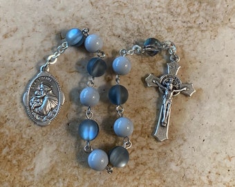 St. Anthony Gray Blue Glass and Crystal Rosary Tenner