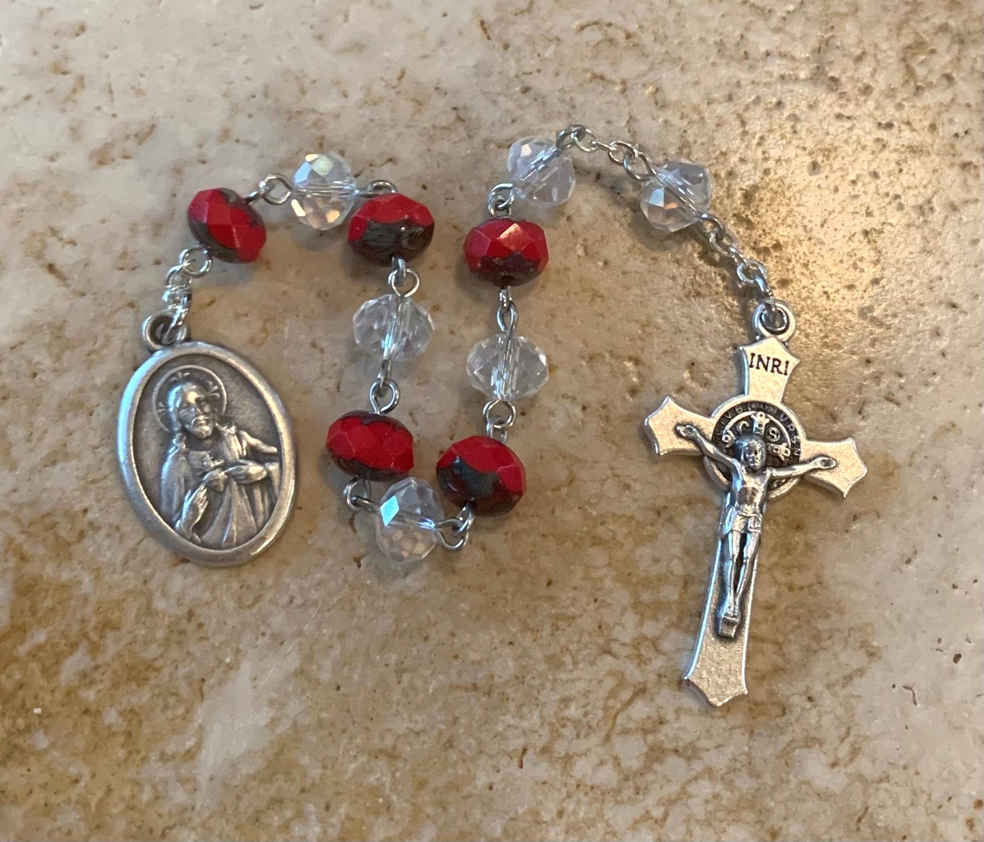 Sacred Heart of Jesus Red and Crystal Rosary Tenner