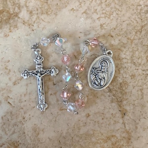 St. Catherine of Siena Pink and Clear Crystal Rosary Tenner