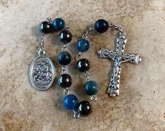 St. George Blue and Gray Hematite Stone Rosary Tenner