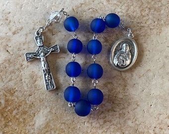 St. Catherine of Siena Blue Glass and Crystal Rosary Tenner