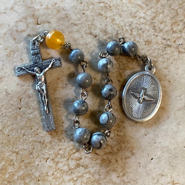 Holy Spirit Orange and Gray Stone Rosary Tenner