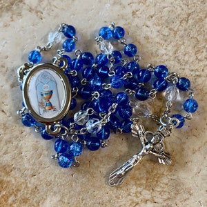 First Communion Blue Crackle Glass Rosary