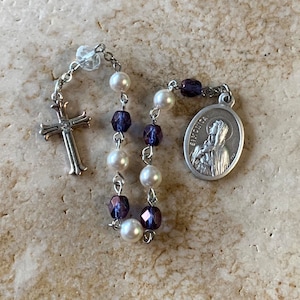 St. Monica Crystal Pearl and Purple Crystal Rosary Tenner