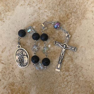 St. Damien of Molokai Crystal and Black Lava Stone Rosary