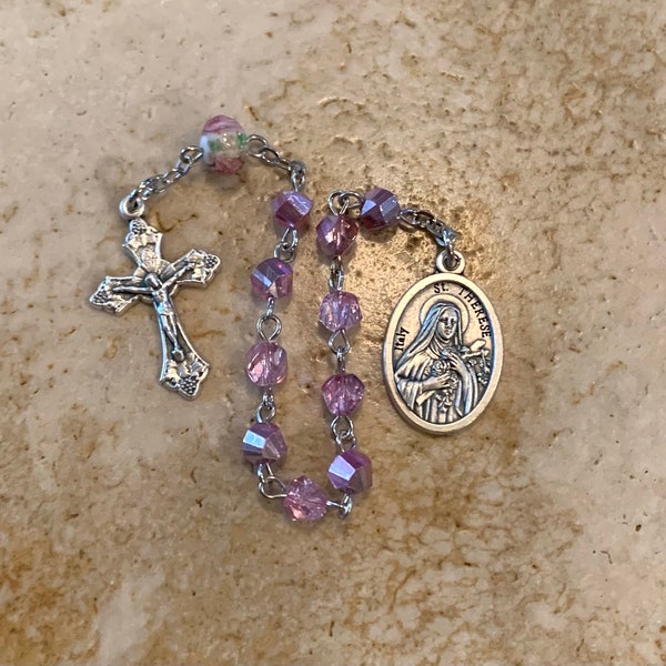 St. Therese of Lisieux Pink Crystal Rosary Tenner