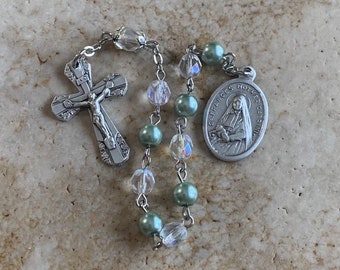 St. Frances Mother Cabrini Green Pearl and Clear Crystal Rosary Tenner