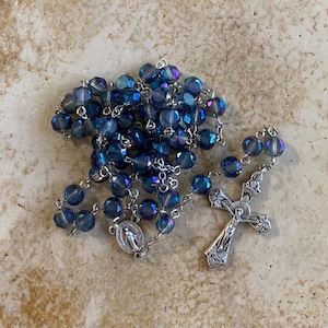 Iridescent Blue Frosted Glass Catholic Rosary
