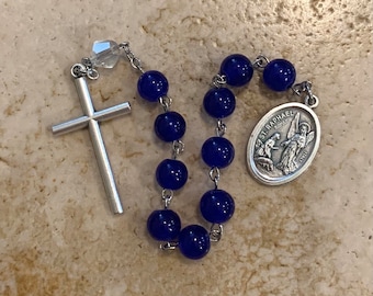 St. Raphael Blue Glass and Crystal Rosary Tenner