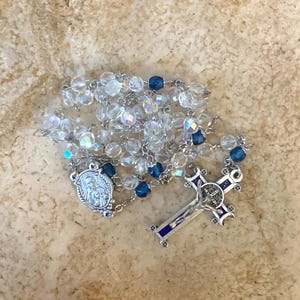 Catholic St. Benedict Rosary in Crystal and Blue