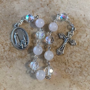Our Lady of Fatima Swarovski Pink Quartz Rosary Tenner