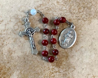 St. John Evangelist Red and White Stone and Glass Rosary Tenner