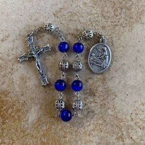 St. Colette Silver and Blue Glass Rosary Tenner