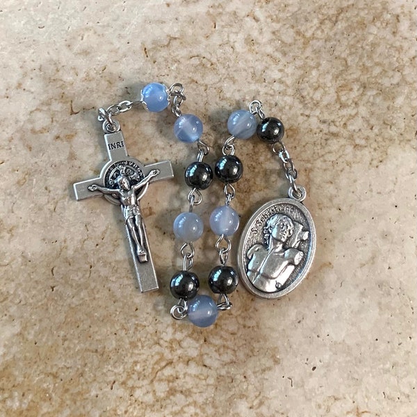 St. Sebastian Hematite and Blue Stone Rosary Tenner