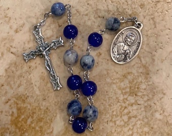 St. Louis De Montfort Blue Stone and Glass Rosary Tenner