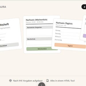 May include: A digital template set titled Digital Creator Aura featuring four white forms for training documentation. The forms include a cover sheet, weekly and daily activity logs, and a signature page with German text labels and colored buttons.