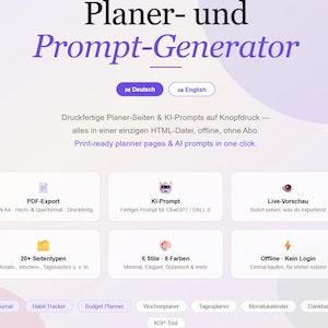 Planner-Prompt-Tool I AI Prompt Tool I Print-Ready PDF for Bullet Journal, Daily and Weekly Planner | Instant Download I Deutsch I English