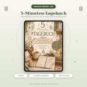 Könnte beinhalten: Ein digitales 5-Minuten-Tagebuch als PDF auf einem Tablet-Bildschirm. Das Cover zeigt den Text 5-Minuten-Tagebuch sowie Illustrationen einer Kaffeetasse, einer Kerze, eines offenen Notizbuchs, eines Stifts, Blumen und eines kleinen Hauses.