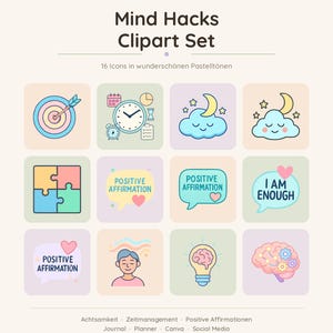 Mind Hacks I Clipart Set | 16 PNG Icons Gehirn Achtsamkeit Positive Affirmation | Digitale Grafiken Journal Planner Etsy