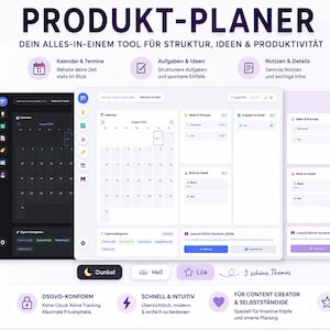 May include: A digital product planner interface featuring three color themes: dark, light, and purple. The layout includes sections for calendars, tasks, ideas, and notes. Text labels in German describe features like local data storage and organization tools.