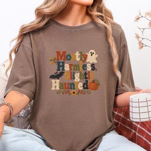 May include: A brown short-sleeved t-shirt featuring a multi-colored graphic print with the text Mostly Harmless, Slightly Haunted. The design includes a white ghost, a black bat, an orange pumpkin, and small floral accents in various colors.