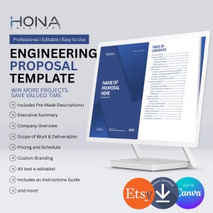 Puede incluir: Una plantilla de propuesta de ingeniería digital mostrada en un monitor de computadora. El documento presenta un esquema de color azul y blanco con una tabla de contenido. El texto incluye HONA CREATIVES, ENGINEERING PROPOSAL TEMPLATE y varias secciones.