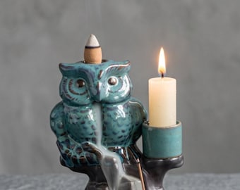 Bruciatore di incenso e portacandele a riflusso in ceramica a forma di gufo - Decorazione zen creativa per la casa, regalo per la meditazione, statua di gufo unica per soggiorno o ufficio