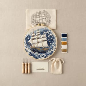 Embroidered Wall Art Nautical Ship Design Cotton and Silk Thread Circular Hoop Home Decor
