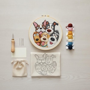 Peut inclure: Un kit de broderie comprenant un tambour en bois circulaire avec un motif brodé de cinq chiens, un tissu avec le contour des chiens imprimé, un outil à aiguille en bois, trois aiguilles, une petite pochette beige et une carte de fils colorés.