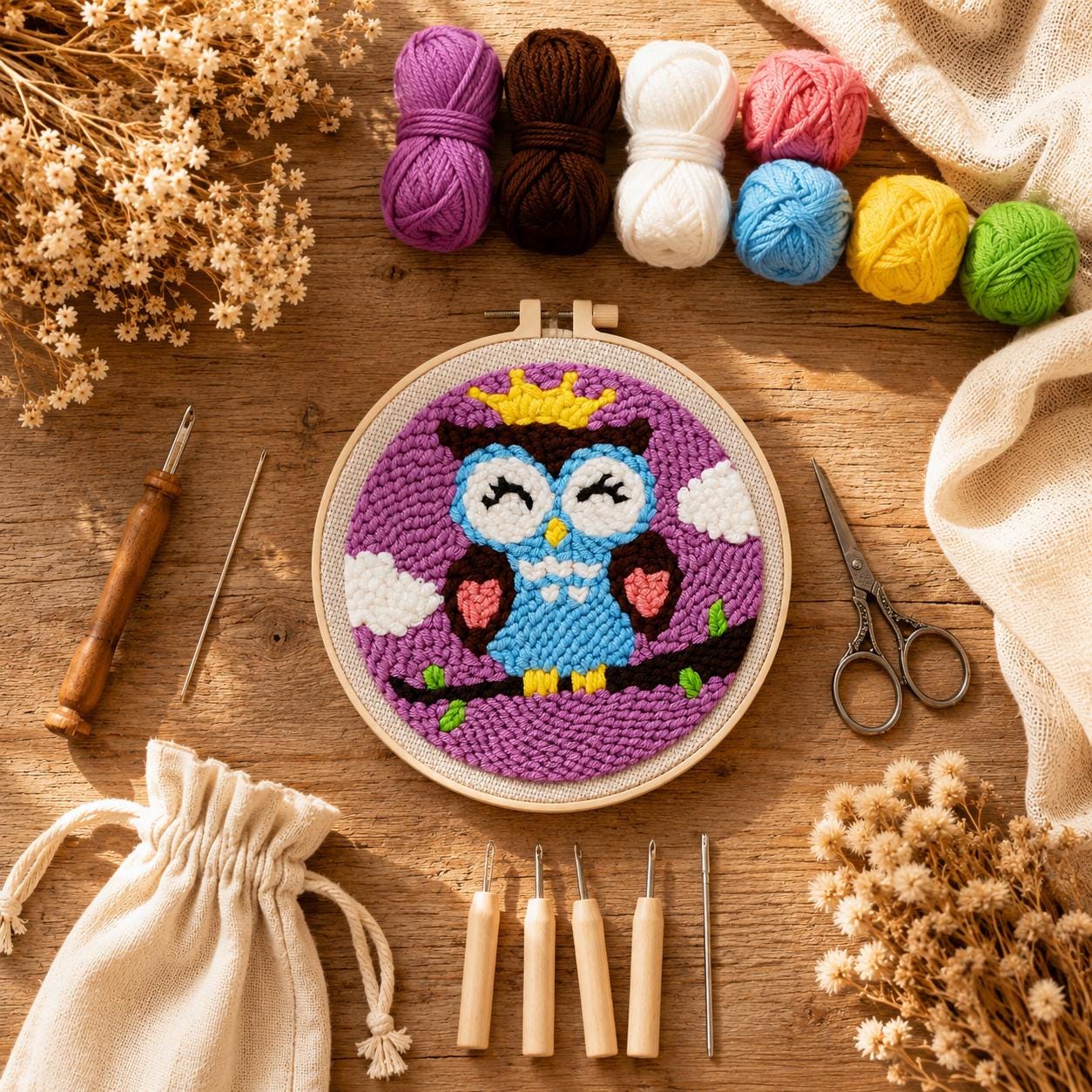 Owl Punch Needle Kit  Beginner Embroidery Kit DIY Craft Kit  Cute Animal Wall Decor  Handmade Hoop A