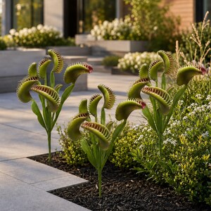 May include: Several Venus flytrap plants featuring green, hinged leaves with spiky, tooth-like edges and reddish interiors. The plants have slender green stems and are positioned in dark soil, with some traps open and others partially closed in a garden.