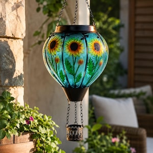 Sunflower Hot Air Balloon Solar Lantern, Flickering Flame Garden Decor