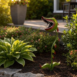 May include: A metal garden sculpture of a Venus flytrap plant with a green and red head, sharp teeth, and a long, slender green stem with small red-tipped leaves, standing upright in a garden bed with dark soil and surrounding green foliage.