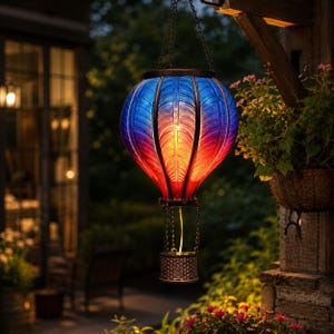 Blue Purple Hot Air Balloon Solar Lantern, Flickering Flame Garden Light, Waterproof Outdoor Decor