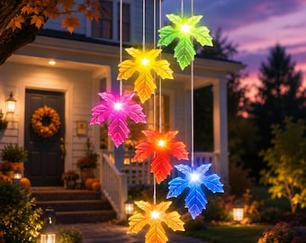 Solar Maple Leaf Wind Chime Lights, Color Changing Outdoor Hanging Decor for Fall Garden Porch Patio Yard Thanksgiving Autumn Decor