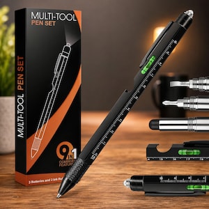May include: A black multi-tool pen set featuring a 9-in-1 design with a built-in ruler, spirit level, bottle opener, stylus, and screwdriver bits. The packaging box displays the text MULTI-TOOL PEN SET and 9 IN 1 COMBINED FEATURES.