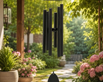 Sino de Vento Grande para Exterior, Som Grave, Alumínio, Preto, Decoração para Pendurar, Memorial, Jardim, Pátio, Varanda, Quintal, Presente Relaxante para Casa
