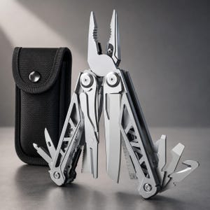 May include: A silver-coloured stainless steel multi-tool featuring integrated pliers, a knife blade, a saw, and various fold-out implements. The tool is displayed in an open, standing position next to a black nylon carrying pouch with a snap closure.