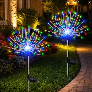 Set van 2 waterdichte tuinverlichting op zonne-energie met vuurwerkeffect, 120 meerkleurige sterrenvormige lampen met grondpen voor terras, tuin, pad en feestjes.