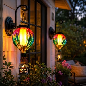 Rainbow Hot Air Balloon Solar Lantern Outdoor Waterproof Glass Hanging Flickering Flame Light For Porch Patio Yard Garden Decor Gift