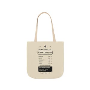 Bolso de tela con diseño inspirador de versículos bíblicos: «Fortalece tu fe».